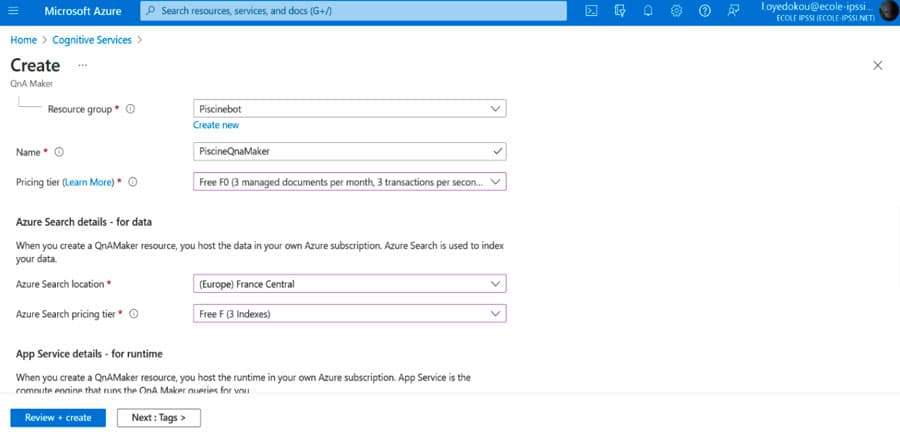 Outil Azure pour réaliser l'application bot sur le cloud